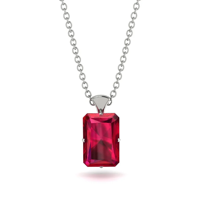 Stylish Gold Necklace with Charm Pendant-Hidden Halo Emerald Cut Ruby Necklace - Vanessa No. 27