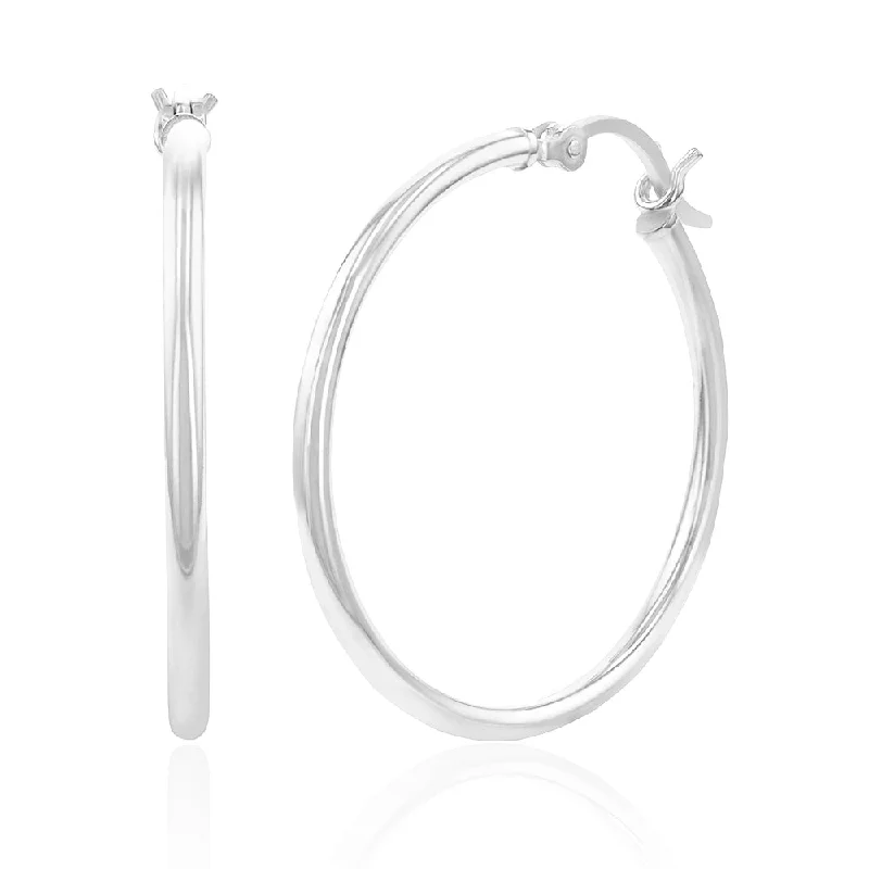 Geometric Silver Drop Earrings-Sterling Silver Plain Round 30mm Hoop Earrings