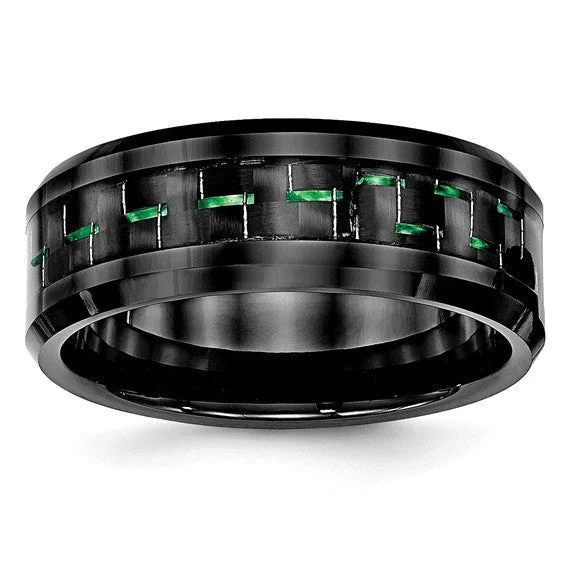 Trendy Silver Band Ring with Geometric Design-Ceramic Black with Green Carbon Fiber Inlay Beveled Edge Ring