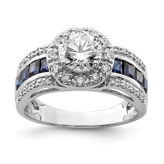 Personalized Couples’ Ring with Custom Design-Sterling Silver Lab-Created Blue Sapphire & CZ Halo Ring