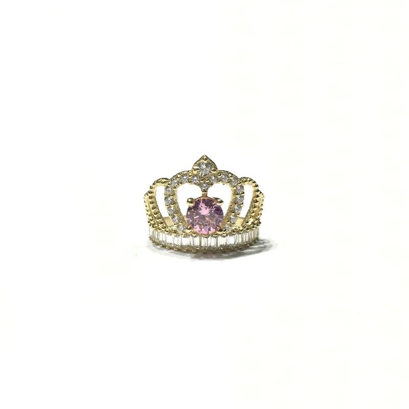 Personalized Sapphire Ring for Women with Engraving-Pink Stone Queen Crown CZ Ring (14K)