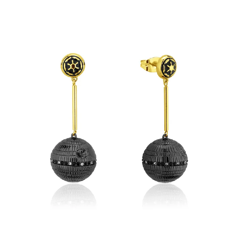 Trendy Silver Drop Earrings-Disney Star Wars Gold Plated Death Star 60mm Drop Earrings