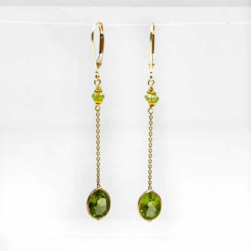 Minimalist Pearl Earrings-Peridot Chain Drop Earrings in 14 Karat Gold