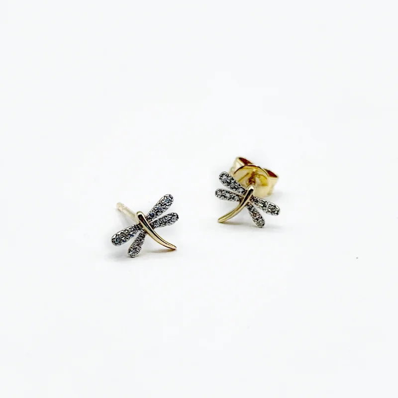 Luxury Diamond Earrings for Brides-Teeny Gold and Diamond Dragonflies