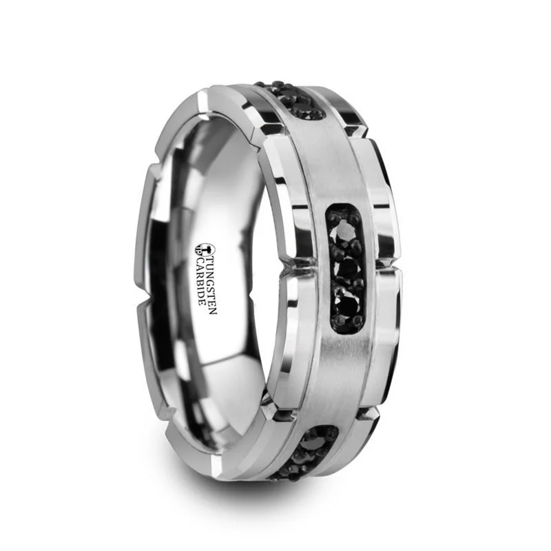 Classic Men’s Ring with Simple Diamond Accent-Thorsten VALOR Grooved Tungsten Ring with Silver Inlay & Black Diamonds - 8mm Band