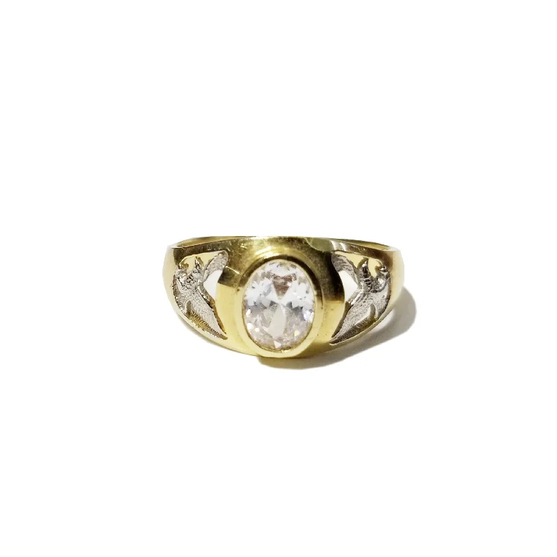 Classic Gold Ring with Emerald Cut Diamond-Oval CZ Eagle Ring (14K)