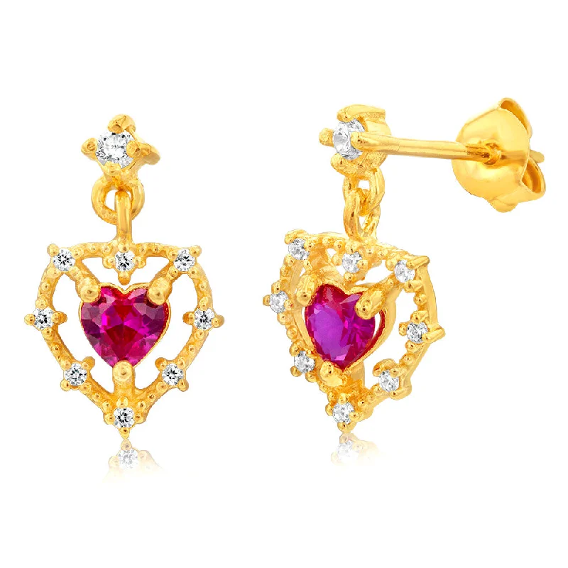 Silver Earrings with Colored Gemstones-Gold Plated Sterling Silver Created Ruby Drop Earrings