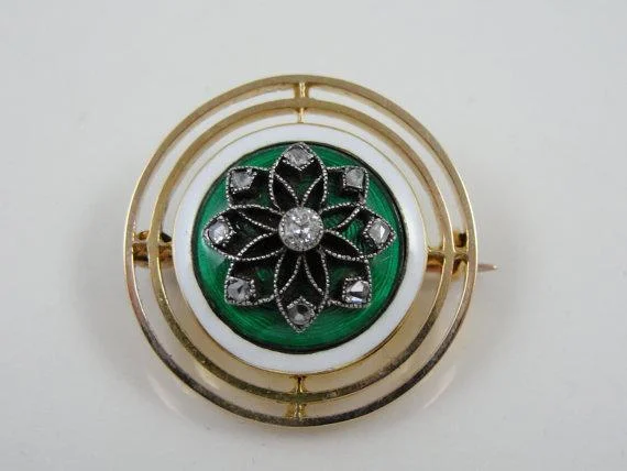 Designer Brooch For Evening Wear-Rich Kelly Green Guilloche Enamel Brooch