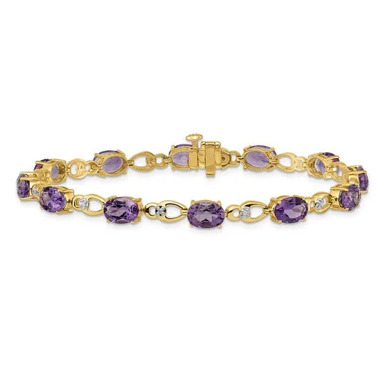 Elegant Gold Bracelet with Engraved Names-14KT YELLOW GOLD AMETHYST & DIAMOND BRACELET