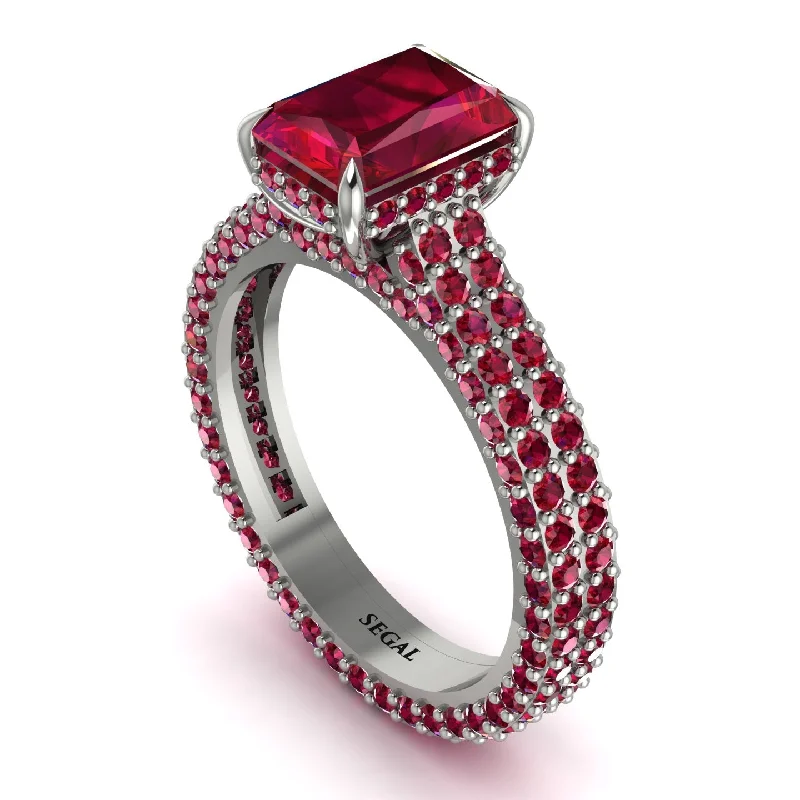 Classic Platinum Wedding Band with Diamond Accent-Radiant Cut Ruby Pave Engagement Ring - Kenzie No. 57