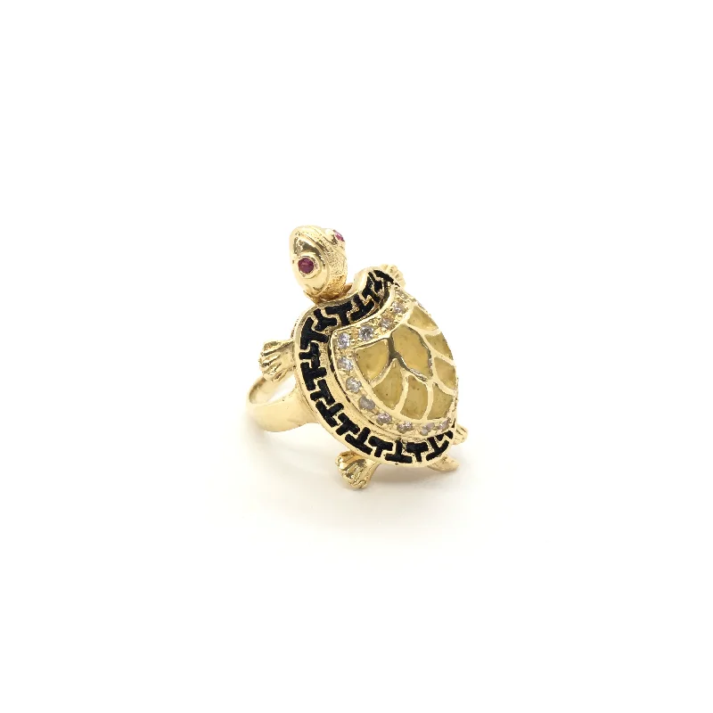 Simple Wedding Ring with Personalized Birthstone-Meander Yellow Shell Turtle CZ Ring (14K)