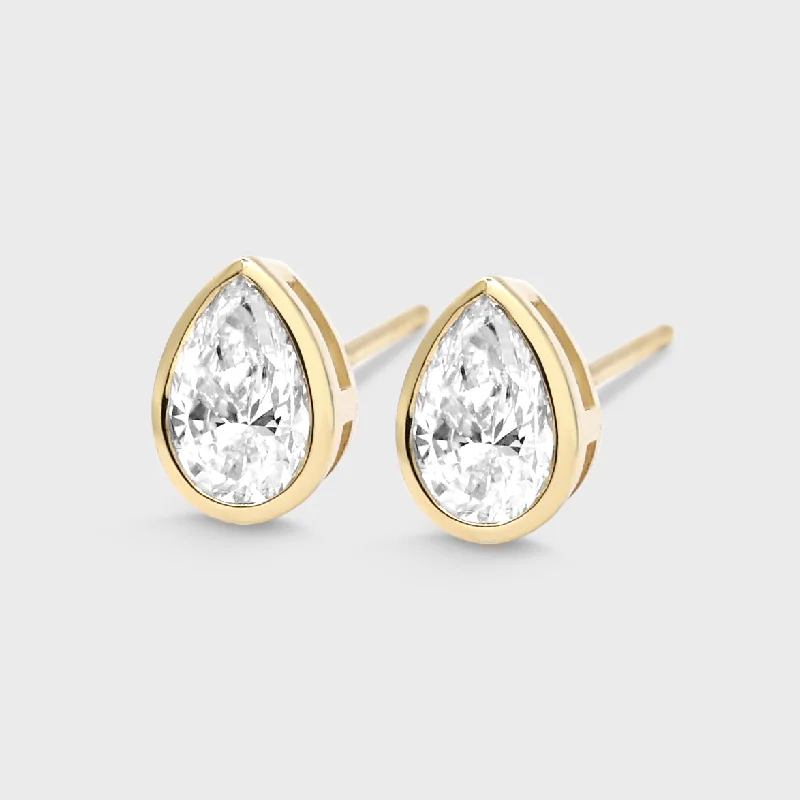 Luxury Diamond Stud Earrings-Bezel Set Pear Shape Studs