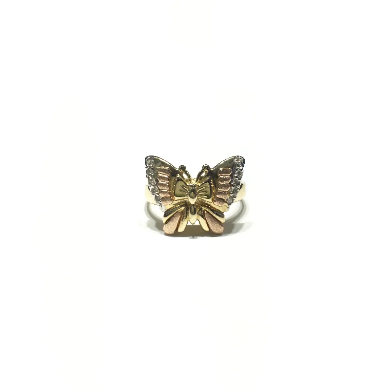 Classic Gold Ring with Sapphire Accent-Tri-Color Butterfly CZ Ring (14K)