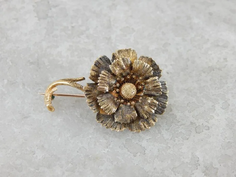 Brooch For Special Celebrations-Antique Textured Green and Yellow Gold Daisy Brooch