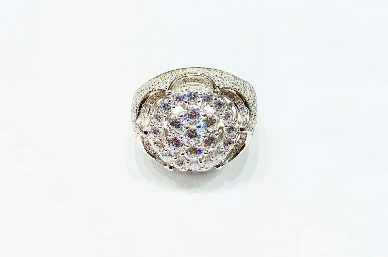 Custom Gold Engagement Ring with Diamond-Cluster CZ Ring (Silver).