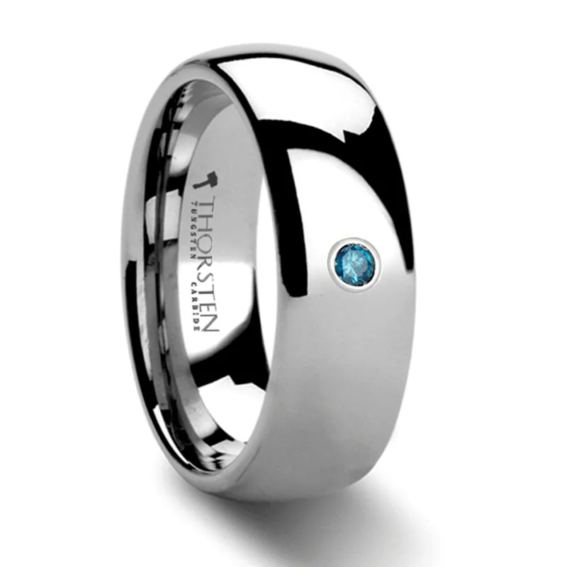 Luxury Platinum Ring with Large Diamond Accent-Thorsten BUCKINGHAM Domed Blue Diamond Tungsten Carbide Ring - 6mm & 8mm