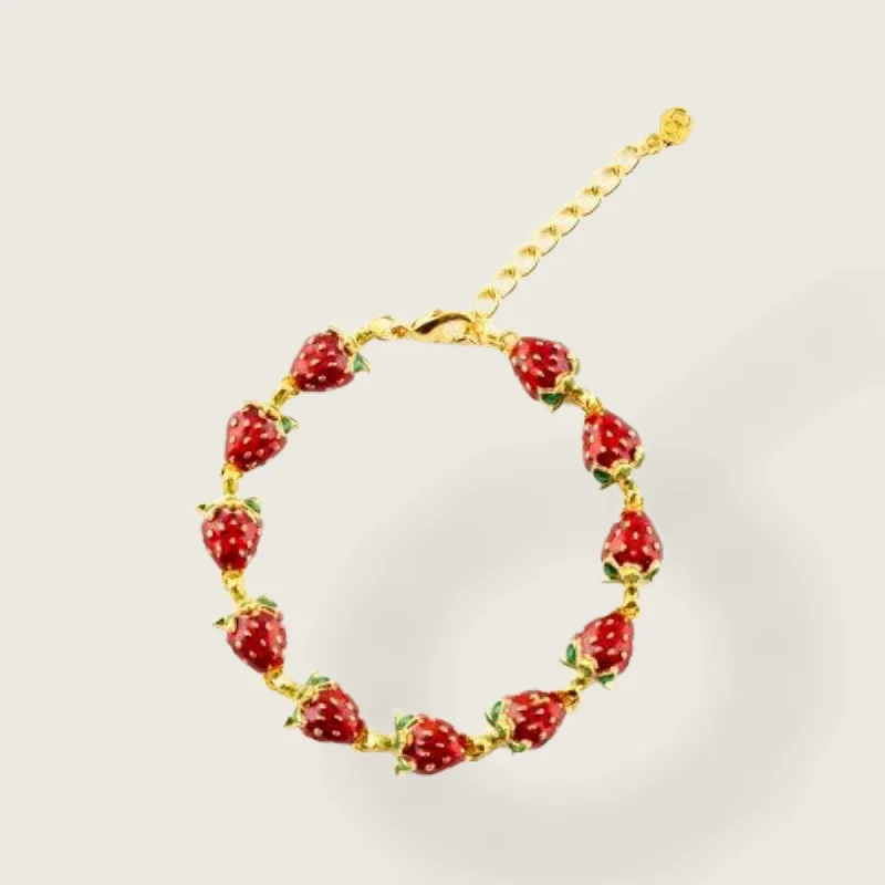 Simple Silver Bracelet with Heart-Shaped Charm-Strawberry Bracelet by Bill Skinner Red Enamel Gold Fruits