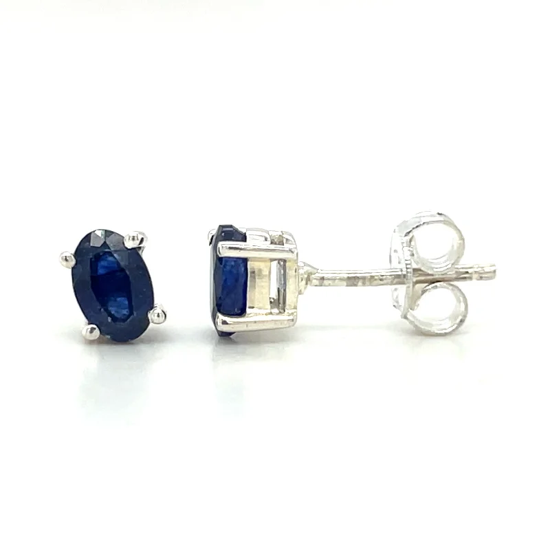 Personalized Wedding Earrings with Gems-Sterling Silver Oval Blue Sapphire Stud Earrings