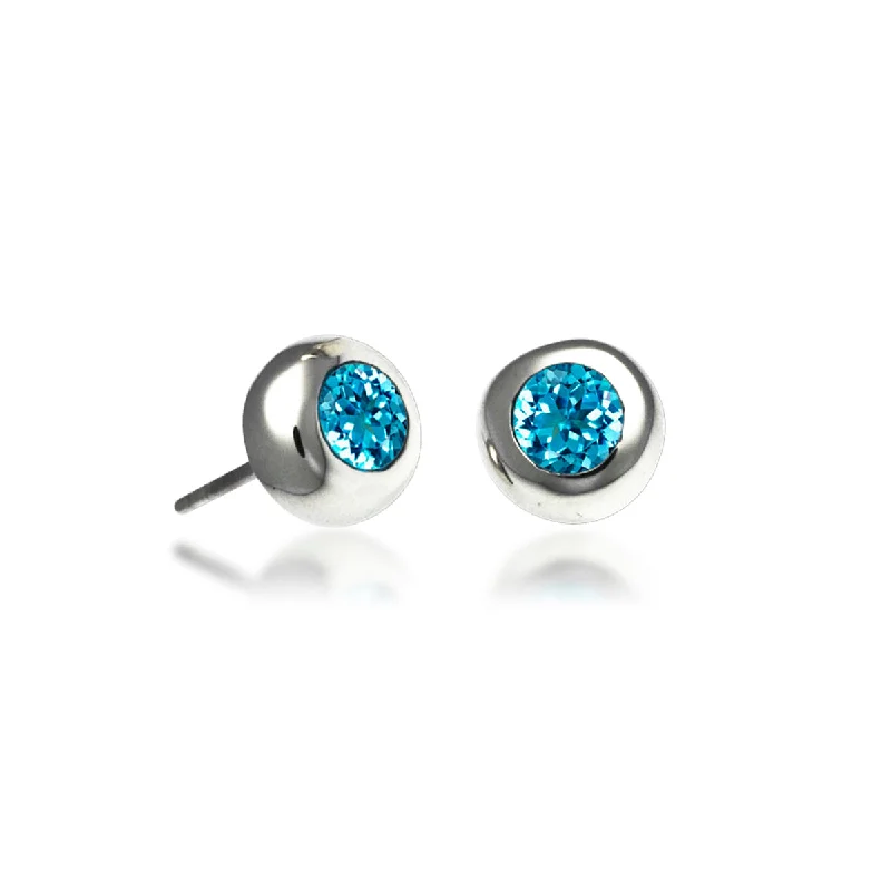 Boho Chic Earrings for Summer-Sterling Silver Blue Topaz Bezel Set Stud Earrings