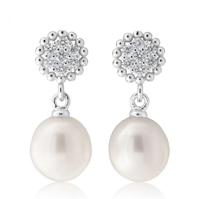 Unique Bohemian Earrings for Women-Sterling Silver White Freshwater Pearl 7.5-8mm & Zirconia Earrings