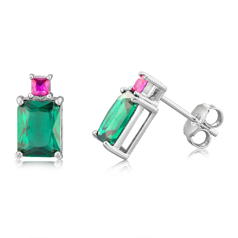 Chunky Silver Hoop Earrings-Sterling Silver Rhodium Plated Green And Pink Cubic Zirconia Stud Earrings