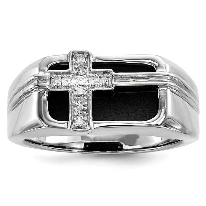 Elegant Gemstone Ring for Engagement with Custom Design-Sterling Silver Black Onyx and Diamond Cross Men's Ring