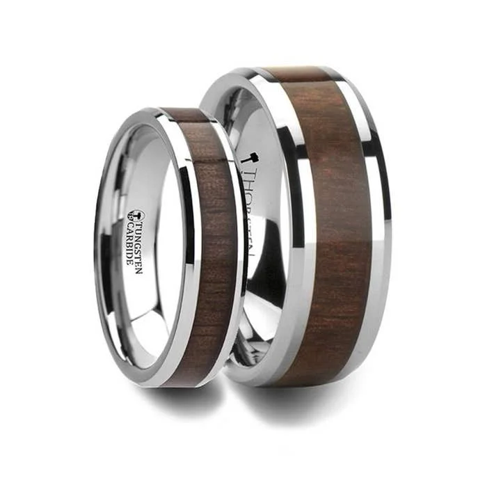 Customizable Engagement Ring with Oval Sapphire-Thorsten HALIFAX Tungsten Wedding Band with Bevels and Black Walnut Wood Inlay - 4mm - 12mm