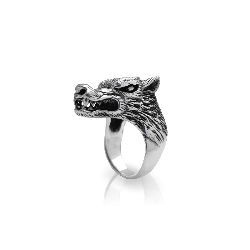 Custom Heart-shaped Ring with Diamond Accent-Antique-Finish Wolf Head Ring (Silver)