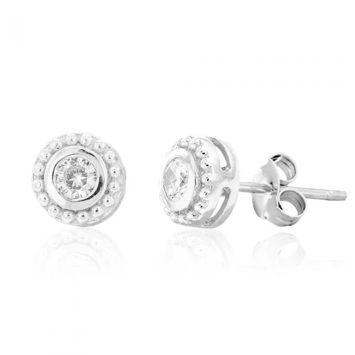 Bold Crystal Earrings for Parties-Sterling Silver Rhodium Plated White Cubic Zirconia Halo Stud Earrings