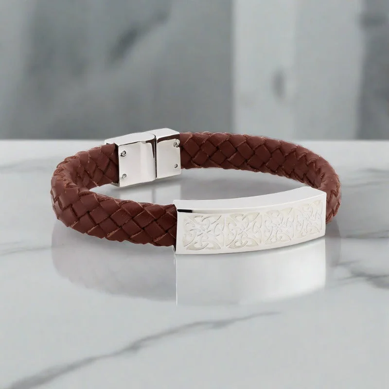 Customizable Silver Bracelet with Unique Charms-Gents Steel Brown Leather Bracelet