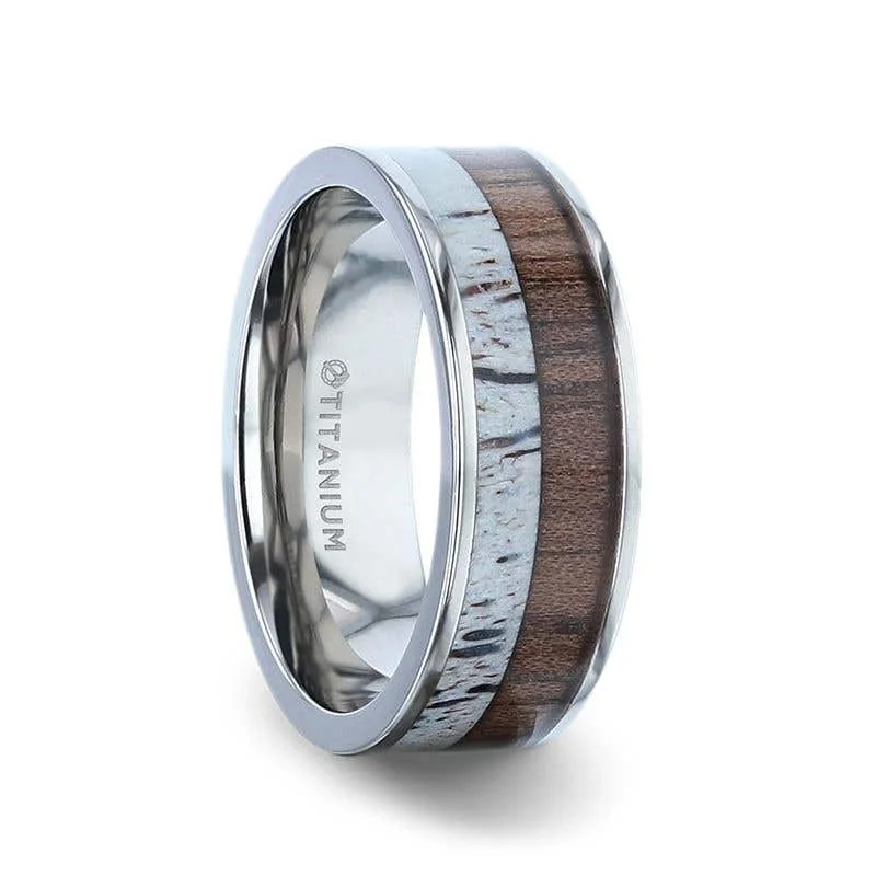 Trendy Gold Band Ring with Rose Quartz Gemstone-Thorsten DARBY Titanium Polished Finish Flat Men's Wedding Ring With Deer Antler And Black Walnut Wood Inlay - 8mm