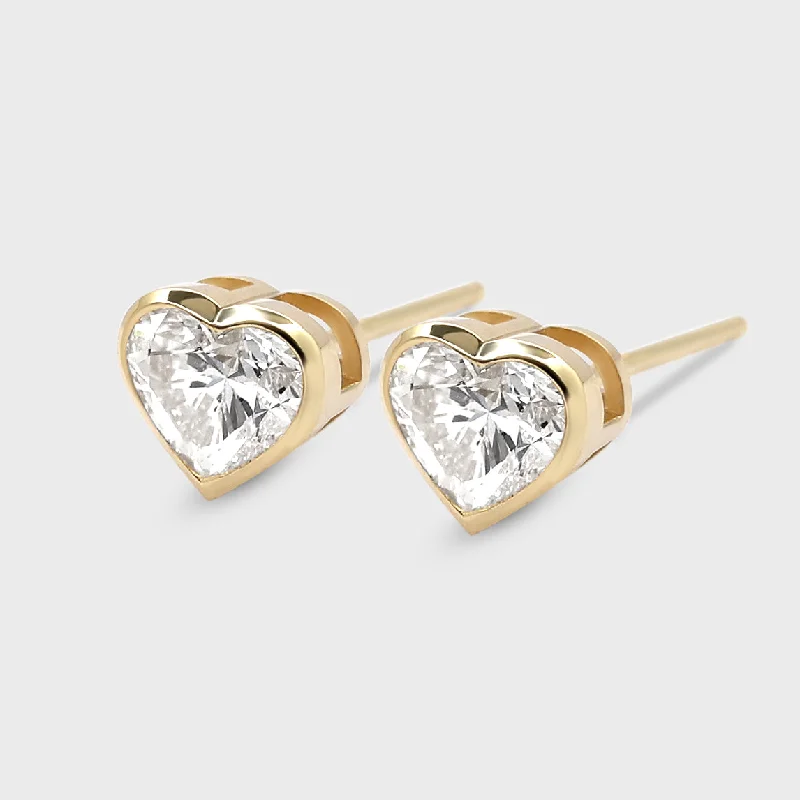 Chunky Silver Hoop Earrings-Bezel Set Heart Shape Studs