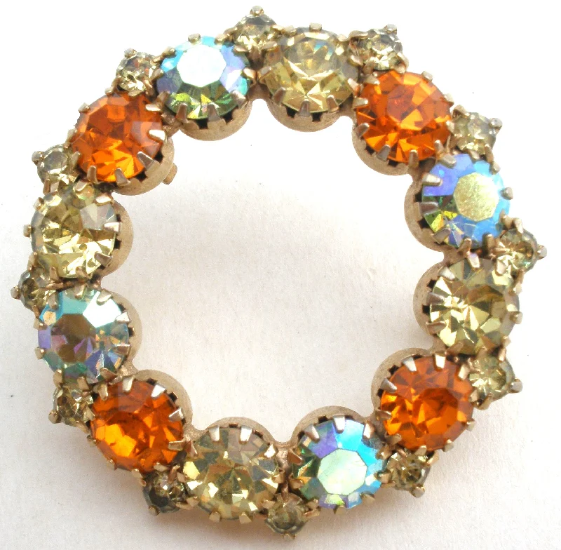 Brooch For Casual Winter Outfits-Orange & Gold Rhinestone Wreath Brooch Vintage