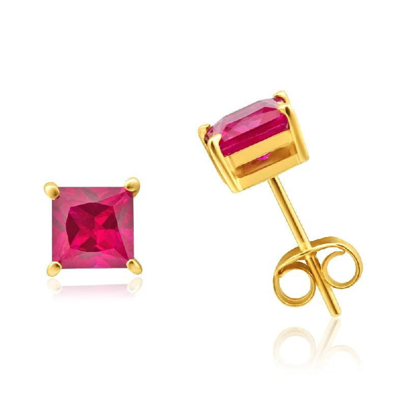 Chunky Hoop Earrings for Women-9ct Yellow Gold Created Ruby 5mm Princess Cut Stud Earrings