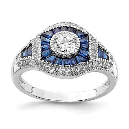 Elegant Wedding Ring Set with Multiple Diamonds-Sterling Silver Created Blue Spinel And CZ Ring