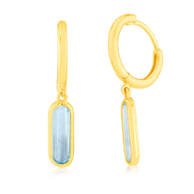 Fancy Drop Earrings for Special Events-9ct Yellow Gold Natural Blue Topaz On Sleeper Hoop Earrings