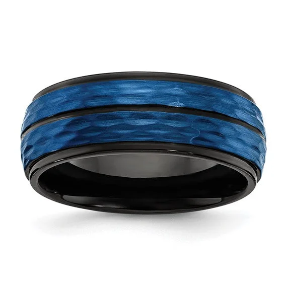 Custom Rose Gold Ring with Diamond Center Stone-Stainless Steel Brushed and Polished Black/Blue IP-plated 8mm Band