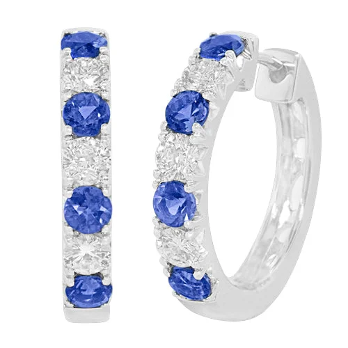 Artistic Silver Earrings for Women-18k White Gold Blue Sapphire & Diamond Hoop Earrings