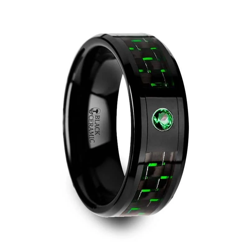 Personalized Custom Ring Set with Birthstones for Families-Thorsten HADAR Black Ceramic Ring Black and Green Carbon Fiber Emerald Setting - 8mm