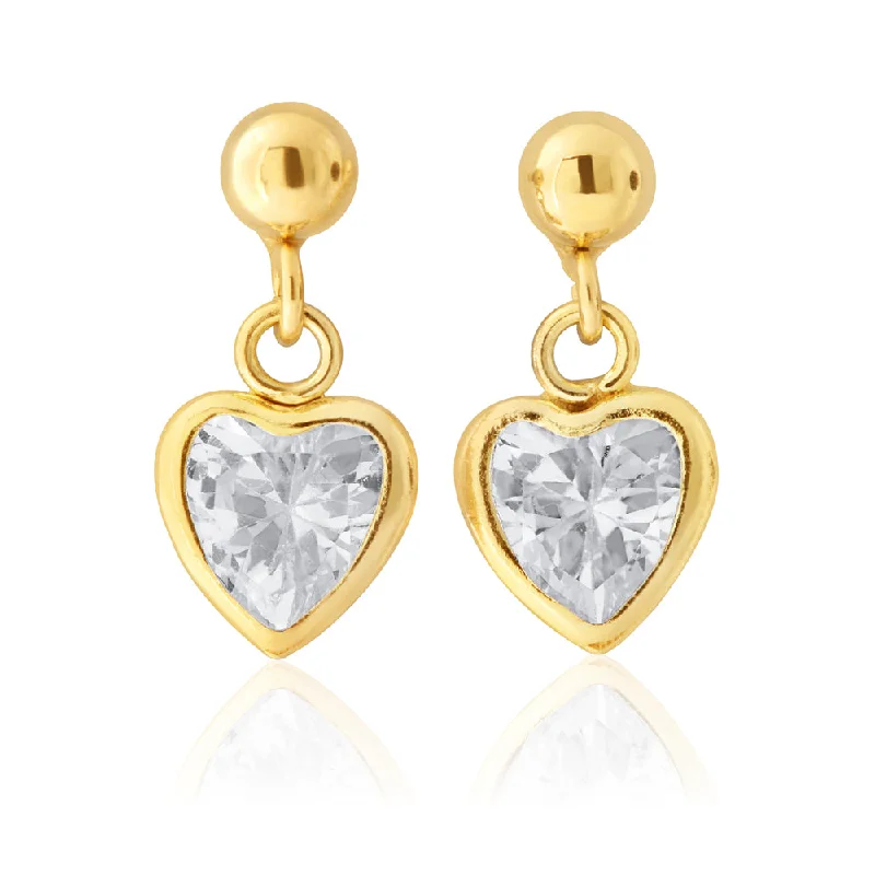 Elegant Silver Stud Earrings-9ct Yellow Gold Heart Shape Zirconia Drop Earrings