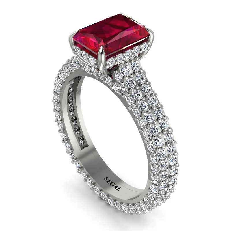 Designer Titanium Men’s Ring with Custom Text-Radiant Cut Ruby Pave Engagement Ring - Kenzie No. 12