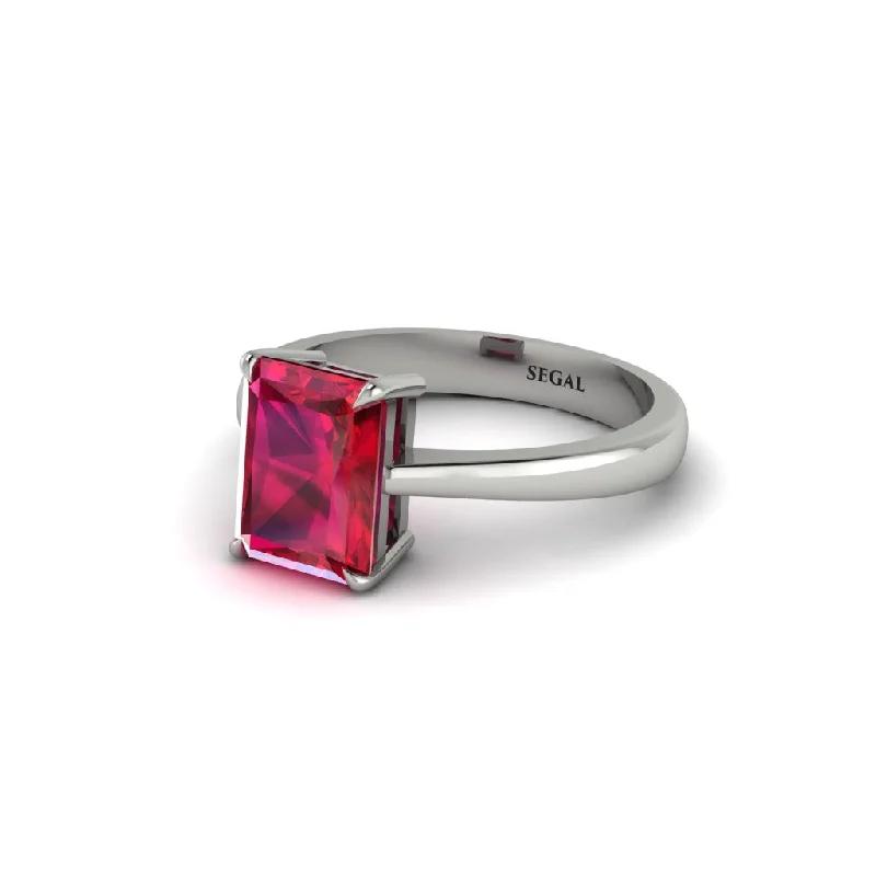 Classic Wedding Band with Textured Surface for Men-Emerald Cut Ruby 14K Gold Engagement Ring - Heidi No. 12