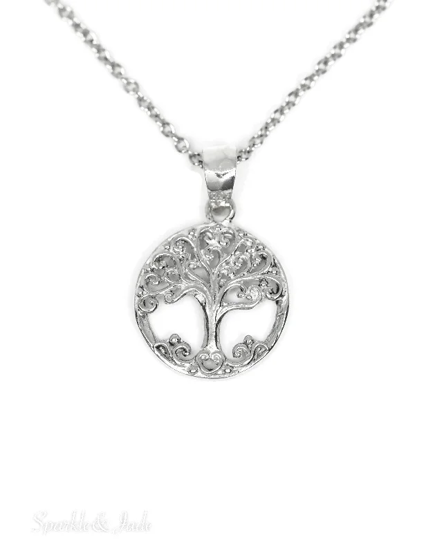 Simple Gold Necklace for Everyday Wear-Sterling Silver Openwork Tree of Life Pendant Necklace