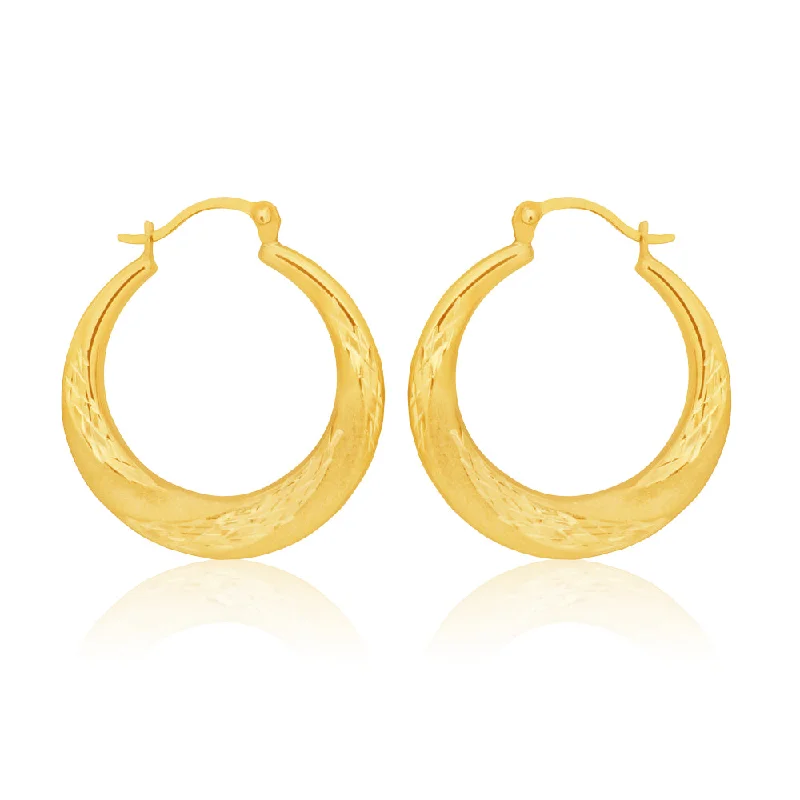 Boho Earrings with Feathers-9ct Yellow Gold 15mm Creole With Diamond Cut Pattern Earrings