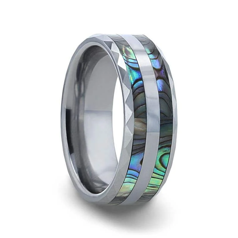 Personalized Engagement Ring with Square Diamond-Thorsten PAUA Double Abalone Shell Inlay Faceted Tungsten Ring With Beveled Polished Edges - 8mm