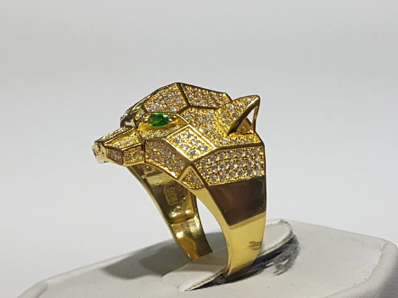 Classic Gold Ring with Emerald Cut Diamond-Iced-Out Pave Edgy Panther Ring Silver