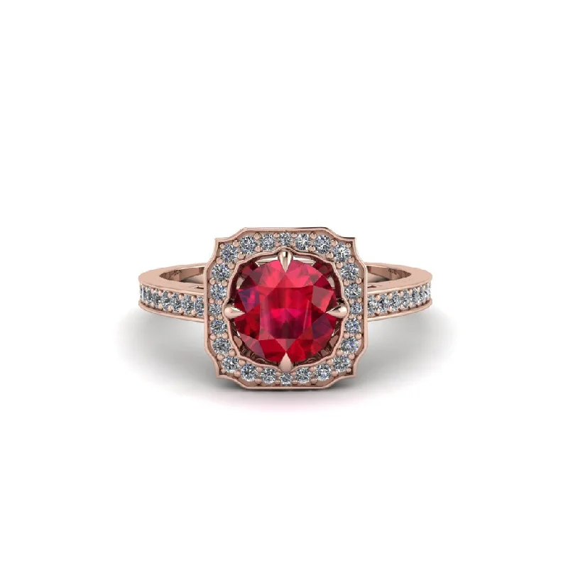 Customizable Platinum Ring for Engagement with Diamond-Ruby Cathedral Halo Engagement Ring - Luciana No. 11