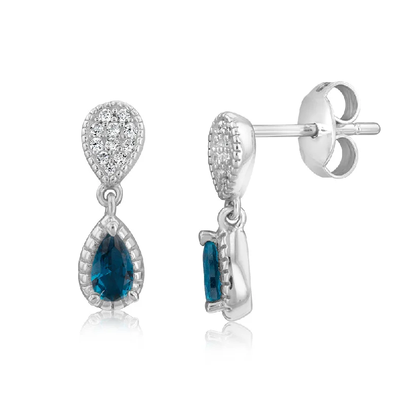 Handmade Silver Earrings-Sterling Silver Rhodium Plated Created  Blue Topaz Pear Drop Earrings