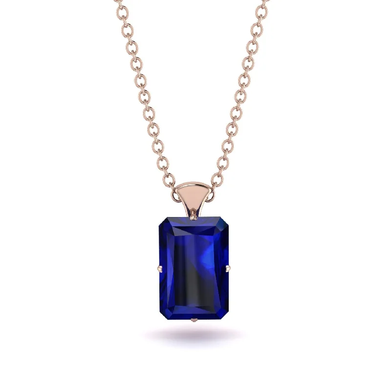 Personalized Bar Necklace for Special Gift-Hidden Halo Emerald Cut Sapphire Necklace - Vanessa No. 59