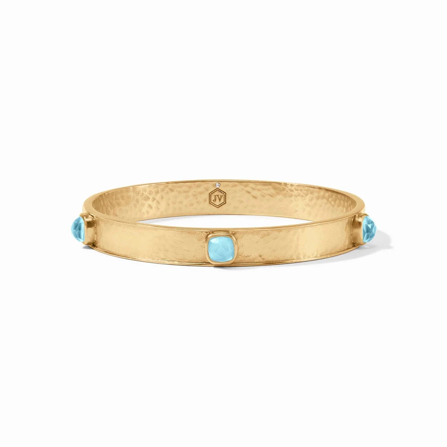 Trendy Stackable Silver Bangles with Birthstones-Iridescent Capri Blue Catalina Stone Bangle